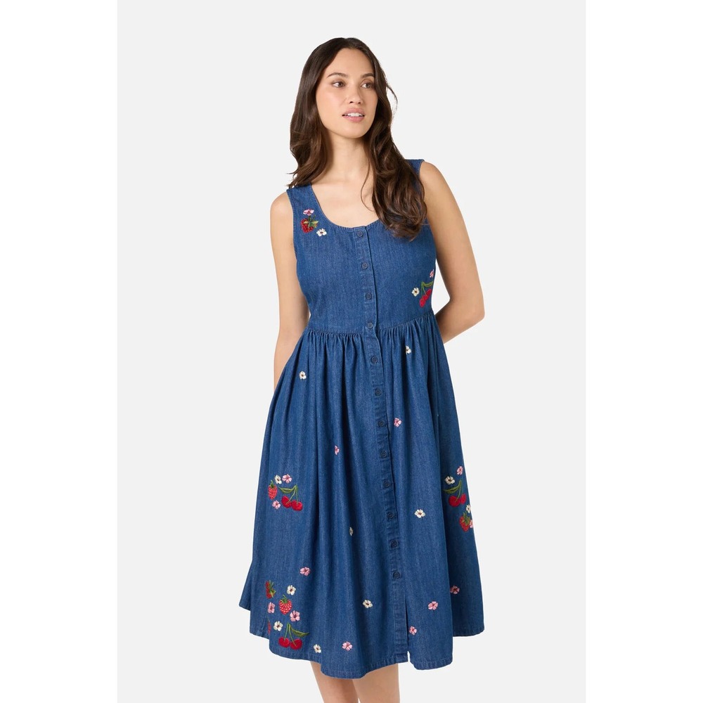 Princess Highway Berry Bloom Embroidered Denim Cotton Midi Dress 12 NWT Cottage